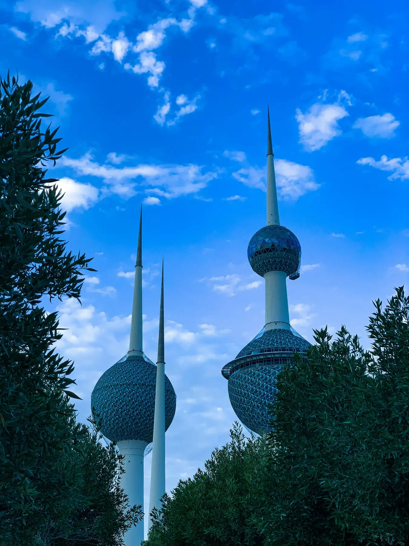 Kuwait Towers framed by greenery